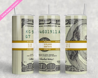 Money Roll Band Seamless 20 oz Skinny Tumbler Wrap Sublimation Design, 100 Dollar Bills Tumbler, Digital Download PNG