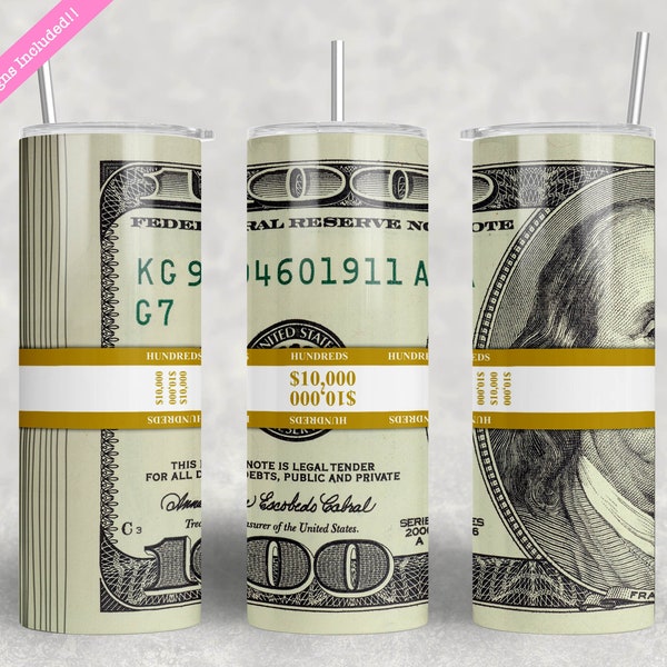 Money Roll Band Seamless 20 oz Skinny Tumbler Wrap Sublimation Design, 100 Dollar Bills Tumbler, Digital Download PNG