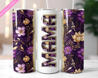 Purple Floral Mama Tumbler: 20 oz Skinny Sublimation Design (Digital Download PNG)