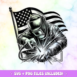 May include: Black and white illustration of a welder wearing a welding mask and holding a welding torch in front of an American flag.