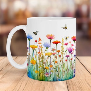 Pretty Wildflowers and Bees Mug Wrap, 11oz and 15oz Mug PNG Sublimation Design, Spring Flowers Watercolor Wrap, Digital Download