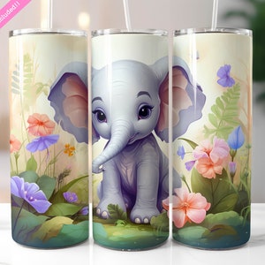 Baby Elephant Tumbler Wrap, 20 oz Skinny Tumbler Sublimation Design, Cute Animal Tumbler, Digital Download PNG