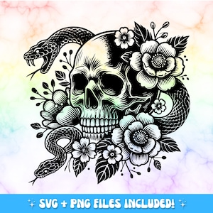 May include: Black and white illustration of a skull with a snake wrapped around it. The skull is surrounded by flowers.