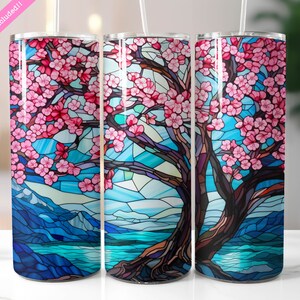 Stained Glass Cherry Blossom 20 oz Skinny Tumbler Wrap Sublimation Design, Japanese Pink Flowers Tumbler, Digital Download PNG