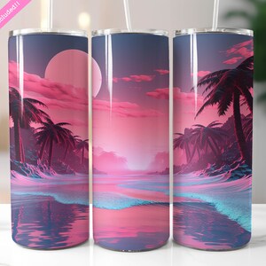 Vaporwave Tumbler Wrap: Synthwave Beach Design (Digital Download PNG)