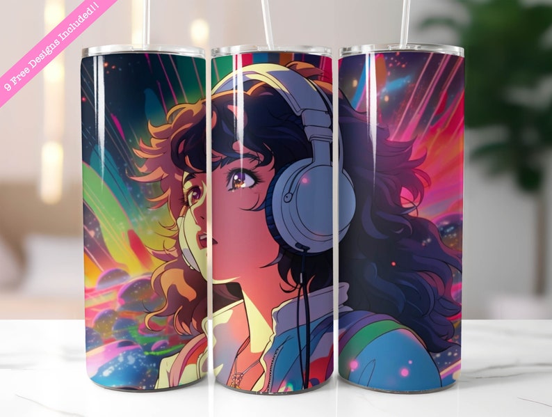 Puede incluir: Tres vasos de acero inoxidable con un dise&ntilde;o de anime colorido que presenta a una joven con auriculares. El dise&ntilde;o incluye un esquema de color rosa, azul y verde vibrante con un fondo de tipo galaxia.