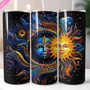 Sun and Moon Boho Tumbler Wrap, 20 oz Skinny Tumbler Sublimation Design, Colorful Celestial Astrology Witch Tumbler, Digital Download PNG