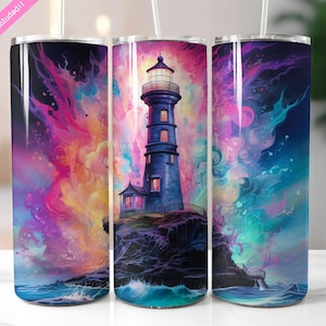 Lighthouse Tumbler Wrap Sublimation Design: Alcohol Ink Ocean Scene (Digital Download PNG)