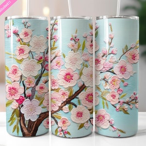 刺繍入り桜 20 オンス スキニー タンブラー ラップ昇華デザイン、日本のピンクの花タンブラー、デジタル ダウンロード PNG