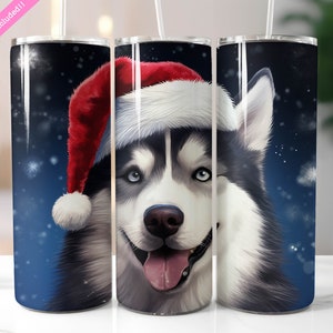 Siberian Husky Santa Hat 20 oz Skinny Tumbler Wrap Sublimation Design, Dog Lover Christmas Gift, Digital Download PNG