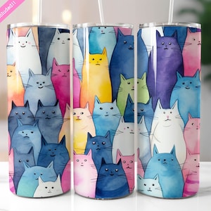 Niedliche Katzen Tumbler Wrap, 20 Unzen Skinny Tumbler Sublimationsdesign, bunte Kawaii Katzen, lustige Katzen, digitaler Download PNG