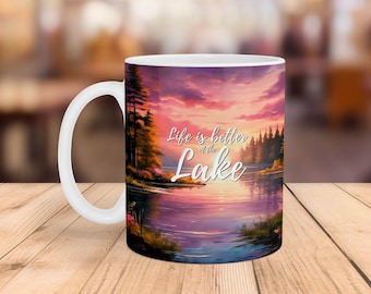 Lake Life Mug Wrap: Sunset Lake Scene Sublimation Design (Digital Download)