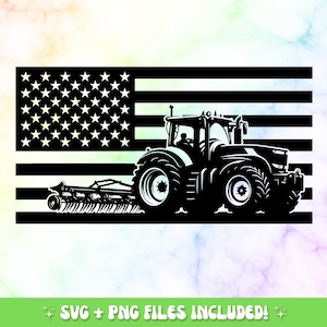 May include: Black and white silhouette of a tractor pulling a plow in front of an American flag.