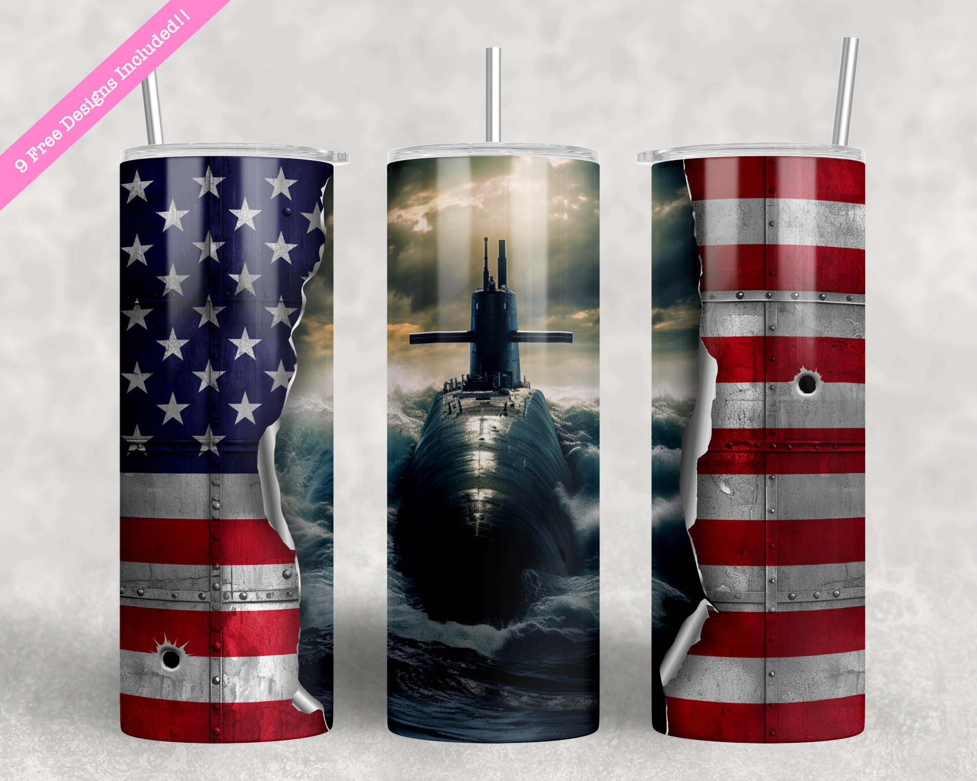 American Flag Submarine 20 Oz Tumbler Wrap: Patriotic PNG (digital