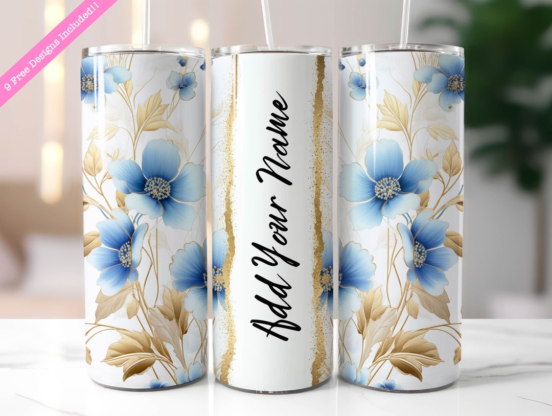 Blue Gold Floral 20 Oz Skinny Tumbler Wrap Sublimation Design, Add Your ...