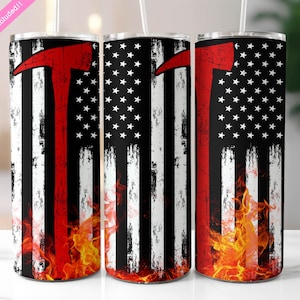 Firefighter American Flag Patriotic Tumbler Wrap, 20 oz Skinny Tumbler Wrap Sublimation Design, Thin Red Line Tumbler, Digital Download PNG