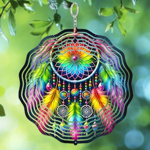May include: A colourful metal dreamcatcher wind spinner with rainbow feathers and beads. The wind spinner is circular and has a layered design.