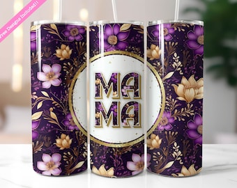 Purple Floral Mama Tumbler Wrap: 20 oz Skinny Sublimation Design (Digital Download PNG)