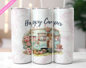May include: Three white stainless steel tumblers with a pink marble design. The tumblers feature a vintage camper illustration with pink flowers and the text "Happy Camper".