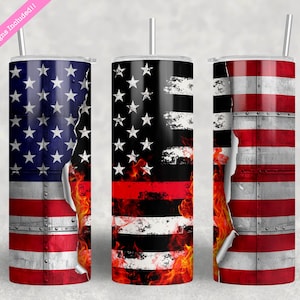 Firefighter American Flag Patriotic Tumbler Wrap, 20 oz Skinny Tumbler Wrap Sublimation Design, Thin Red Line Tumbler, Digital Download PNG