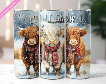 Christmas Highland Cow Tumbler Wrap: Let It Snow Sublimation Design (Digital Download PNG)