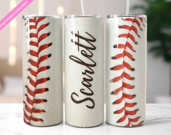 May include: Three stainless steel tumblers with a baseball stitch design. The middle tumbler has the name "Scarlett" written in brown cursive.