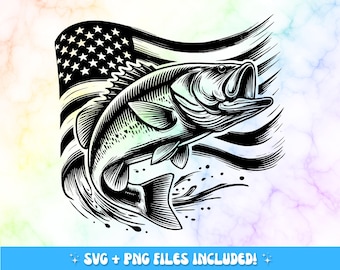 Bass Fishing USA Flag SVG PNG: Patriotic American Fish Cut File
