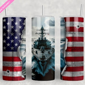 American Flag Navy Ship 20 oz Tumbler Wrap Sublimation Design (Digital Download PNG)