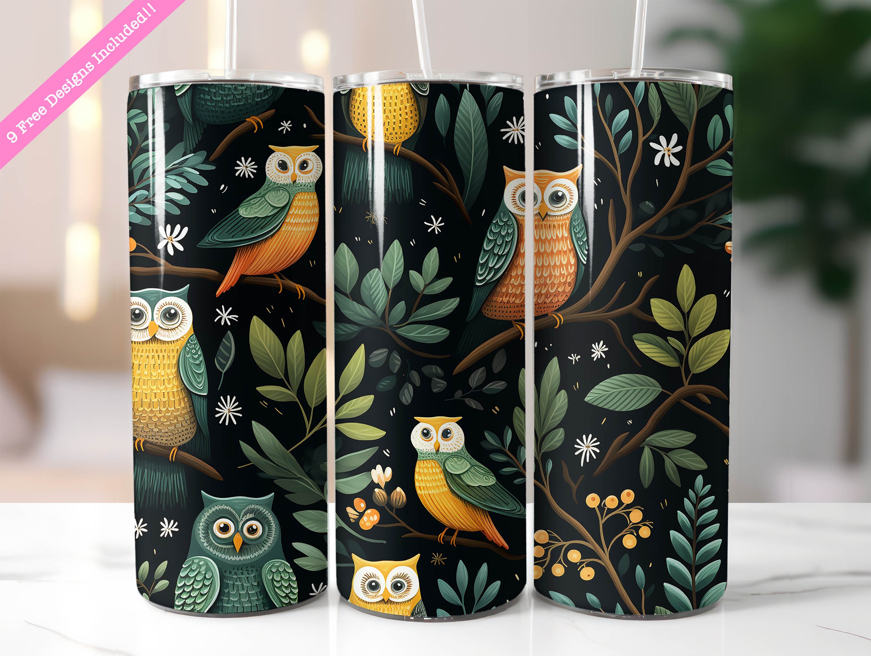 Owls Tumbler Wrap, Seamless Bird Design (Digital Download PNG)