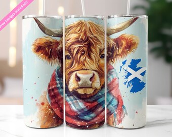 May include: A watercolor illustration of a Highland cow wearing a plaid scarf, with a blue and white Scottish flag in the background. The image is printed on a white tumbler.