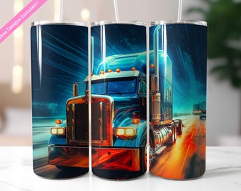May include: A blue and silver semi-truck with a red and orange flame design on a dark blue background. The truck is driving down a highway with a blurred background.