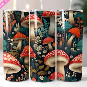 Mushrooms 20 oz Skinny Tumbler Wrap Sublimation Design, Wildflowers Cottagecore, Seamless Tumbler, Digital Download PNG