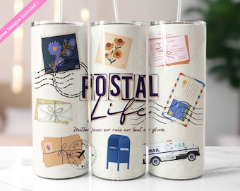 Postal Worker 20 oz Skinny Tumbler Wrap Sublimation Design, Boho Mail Carrier Rustic Stamp Collage, Digital Download PNG