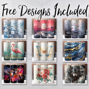 Puede incluir: Nueve dise&ntilde;os diferentes para vasos de sublimaci&oacute;n. Los dise&ntilde;os incluyen un flamenco, una mariposa, m&aacute;rmol, un colibr&iacute;, flores y un lobo. El texto "9 Free Designs Included!" est&aacute; en la parte superior de la imagen.