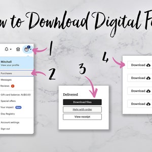 Puede incluir: Una captura de pantalla de una pantalla de ordenador que muestra c&oacute;mo descargar archivos digitales en Etsy. Los pasos est&aacute;n numerados del 1 al 4. El paso 1 muestra c&oacute;mo hacer clic en el icono del perfil. El paso 2 muestra c&oacute;mo hacer clic en la opci&oacute;n Compras. El paso 3 muestra c&oacute;mo hacer clic en el bot&oacute;n Descargar archivos. El paso 4 muestra c&oacute;mo hacer clic en el bot&oacute;n Descargar para descargar los archivos.