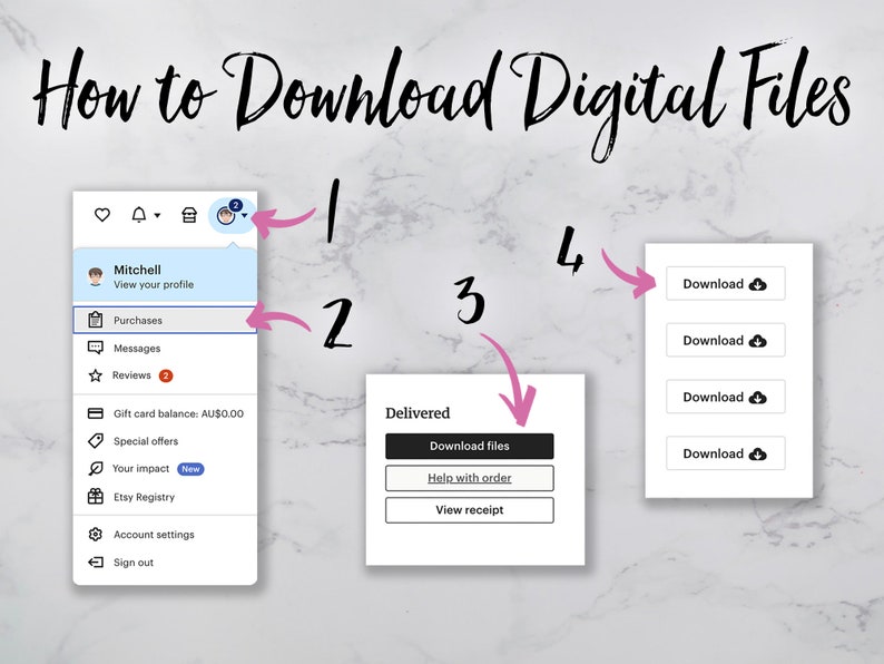 Puede incluir: Una captura de pantalla de una pantalla de ordenador que muestra c&oacute;mo descargar archivos digitales en Etsy. Los pasos est&aacute;n numerados del 1 al 4. El paso 1 muestra c&oacute;mo hacer clic en el icono del perfil. El paso 2 muestra c&oacute;mo hacer clic en la opci&oacute;n Compras. El paso 3 muestra c&oacute;mo hacer clic en el bot&oacute;n Descargar archivos. El paso 4 muestra c&oacute;mo hacer clic en el bot&oacute;n Descargar para descargar los archivos.