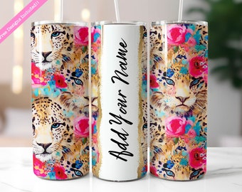 Envoltura para vaso con estampado floral de leopardo y purpurina: vaso delgado personalizado de 20 oz (descarga digital PNG)