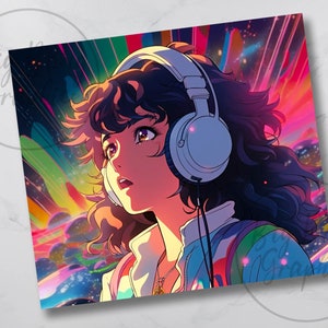 Puede incluir: Un fondo abstracto colorido con una joven que lleva auriculares. Tiene el pelo largo y oscuro y est&aacute; mirando hacia arriba. El fondo es una mezcla de rosa, azul, verde y amarillo.