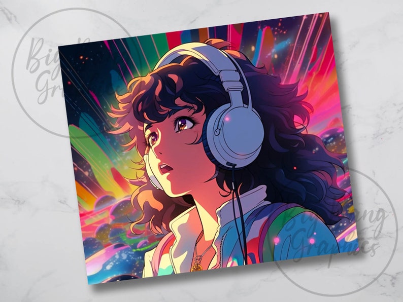 Puede incluir: Un fondo abstracto colorido con una joven que lleva auriculares. Tiene el pelo largo y oscuro y est&aacute; mirando hacia arriba. El fondo es una mezcla de rosa, azul, verde y amarillo.