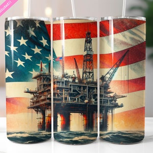 Patriotic Oil Rig American Flag 20 oz Tumbler Wrap (Digital Download PNG)