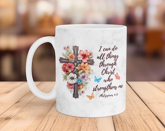 Christian Bible Verse Mug Wrap: Floral Cross Sublimation Design (Digital Download)
