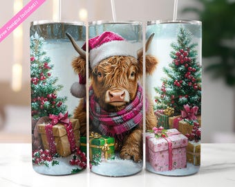 Highland Cow Christmas Tumbler Wrap: 20 oz Skinny Tumbler Sublimation Design (Digital Download)