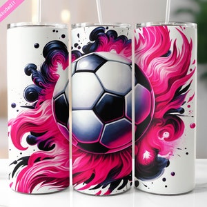 Women's Soccer Pink Tumbler Wrap, 20 oz Skinny Tumbler Sublimation Design, Flaming Soccer Ball, Digital Download PNG
