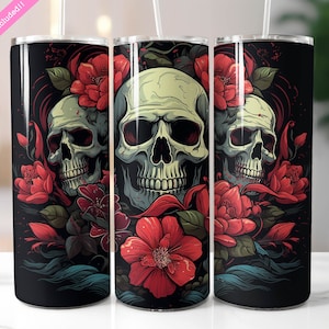 Skull and Roses 20 oz Skinny Tumbler Wrap Sublimation Design, Gothic tumbler, Digital Download PNG