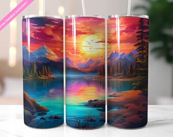 Sunset Mountain Lake 20 oz Tumbler Wrap Sublimation Design (Digital Download PNG)