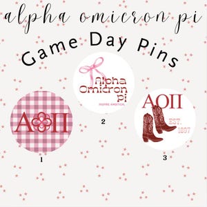 May include: Three Alpha Omicron Pi Game Day pins. One pin has a pink gingham pattern with the letters A and Π. Another pin has the sorority's name and a pink bow. The third pin features red cowboy boots and the letters AOII.