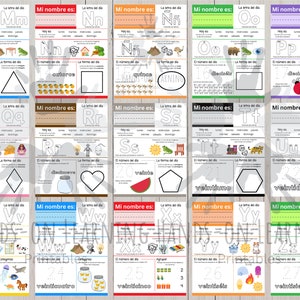 May include: A set of 26 colorful printable worksheets for learning the Spanish alphabet. Each worksheet features a letter of the alphabet, its name, the day of the week it corresponds to, the number of the day, the shape of the day, and a picture of an object that starts with that letter. The worksheets are designed for young learners and include dotted lines for tracing the letters.