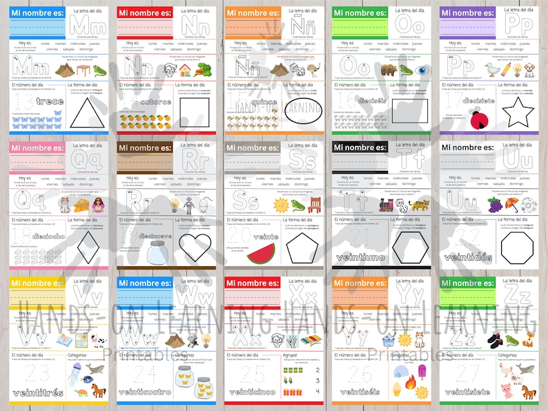 May include: A set of 26 colorful printable worksheets for learning the Spanish alphabet. Each worksheet features a letter of the alphabet, its name, the day of the week it corresponds to, the number of the day, the shape of the day, and a picture of an object that starts with that letter. The worksheets are designed for young learners and include dotted lines for tracing the letters.