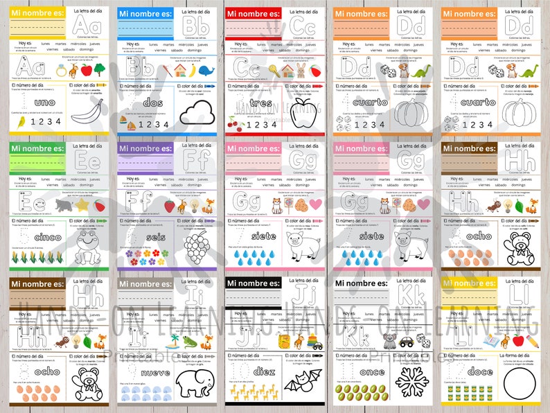 May include: A set of 12 printable Spanish alphabet worksheets for kids. Each worksheet features a letter of the alphabet, its name, the number of the day, and a picture to color. The worksheets are designed to help children learn the Spanish alphabet and numbers.