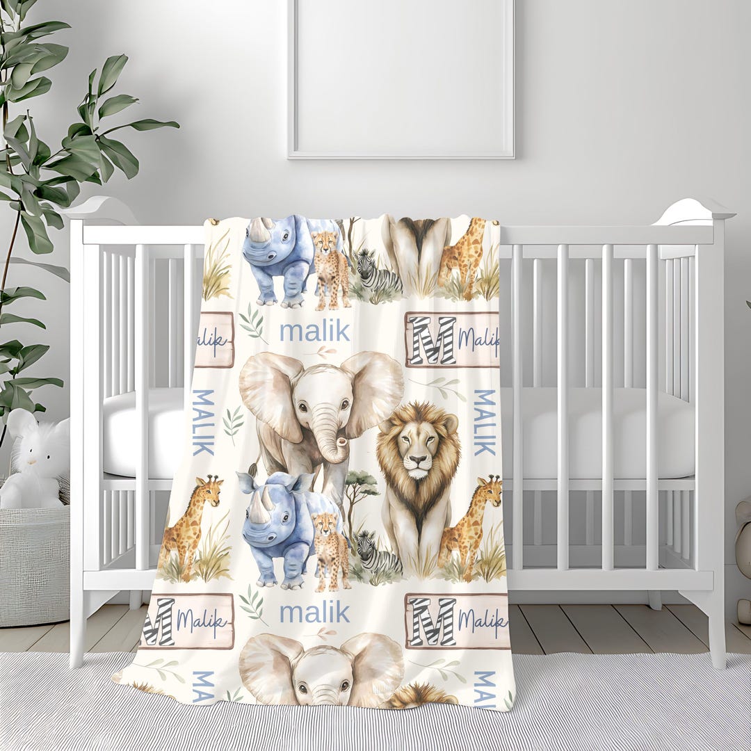 Safari Baby Blanket Custom Baby Nursery Gift Personalized Animal Throw ...